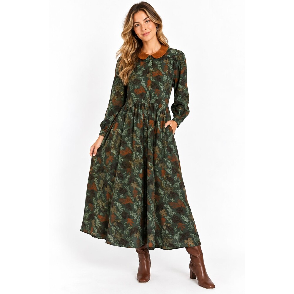 Vintage Eddie Bauer Corduroy Maxi Dress Size Medium Floral Leaf Pattern Modest